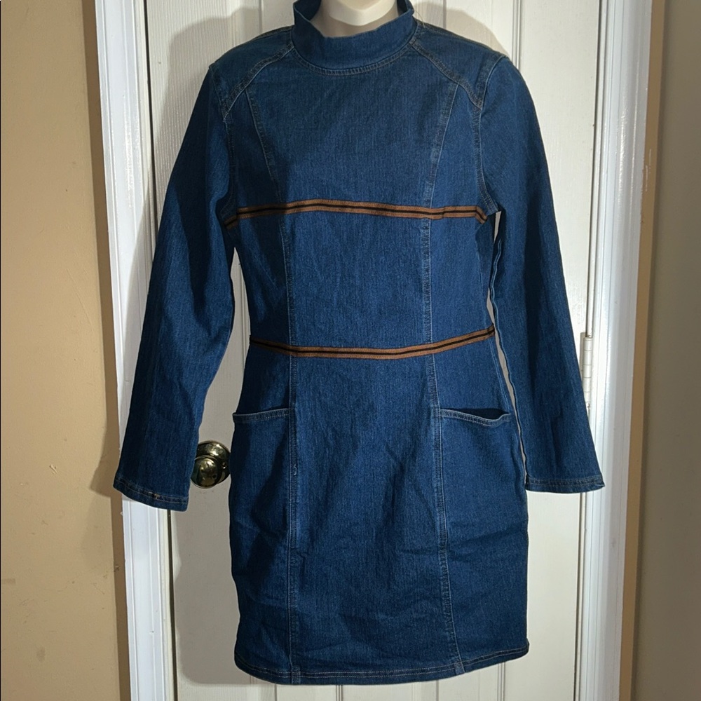 Retro Elegant Artistic Blue Denim Jean Mini Dress - Picture 3 of 7
